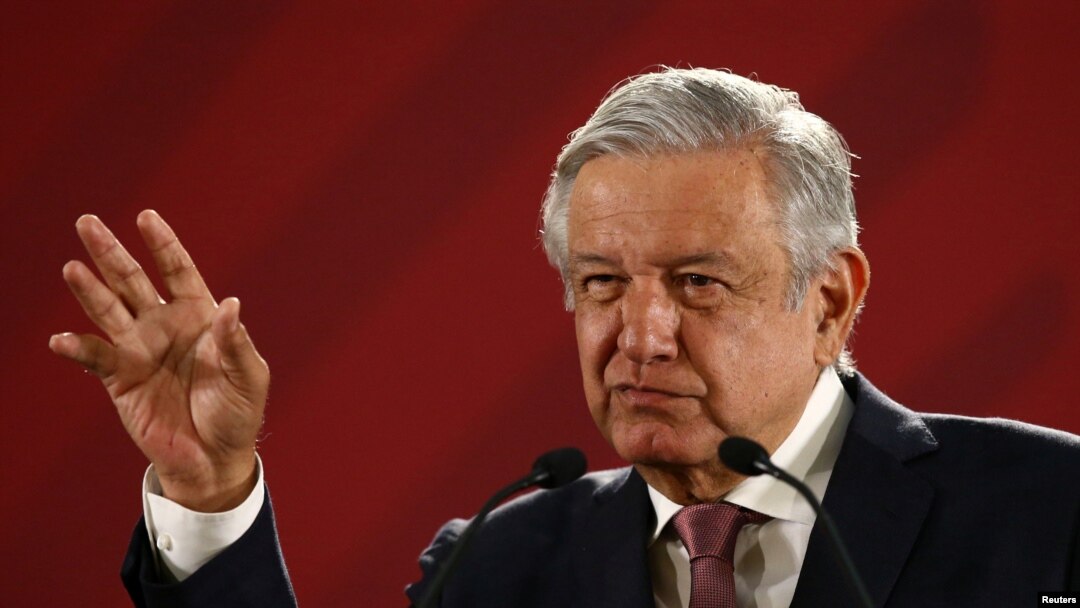 Mexico's President Andres Manuel Lopez Obrador gestures during a news conference at the National Palace in Mexico City, Mexico, April 15, 2019.
