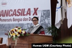 Menteri Luar Negeri Retno Marsudi tampil sebagai keynote speaker pada Kongres Pancasila X di kampus UGM Yogyakarta, Kamis (23/8).