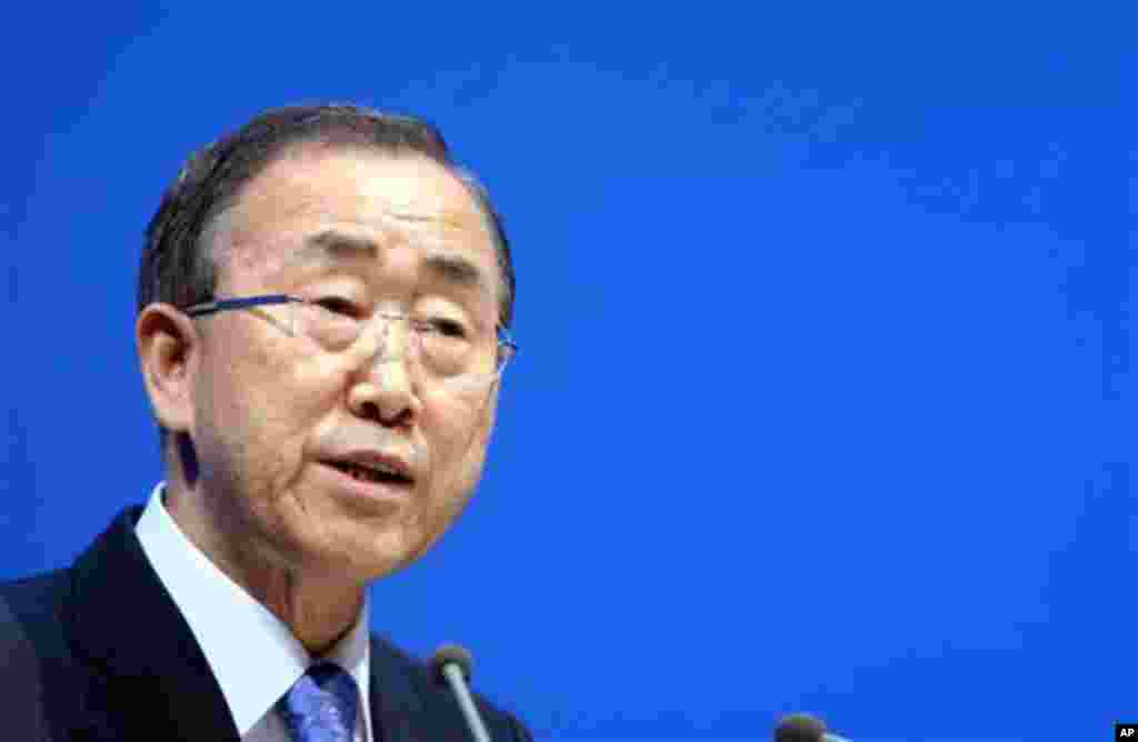 U.N. Secretary-General Ban Ki-moon addresses the opening of the high-level segment of the annual U.N. climate talks involving environment ministers and climate officials from nearly 200 countries, in Doha, Qatar, Tuesday, Dec. 4, 2012. " (AP Photo/Osama Faisal)