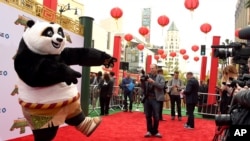 Po, a character from "Kung Fu Panda 3," arrives at the world premiere at the TCL Chinese Theatre on Saturday, Jan. 16, 2016.