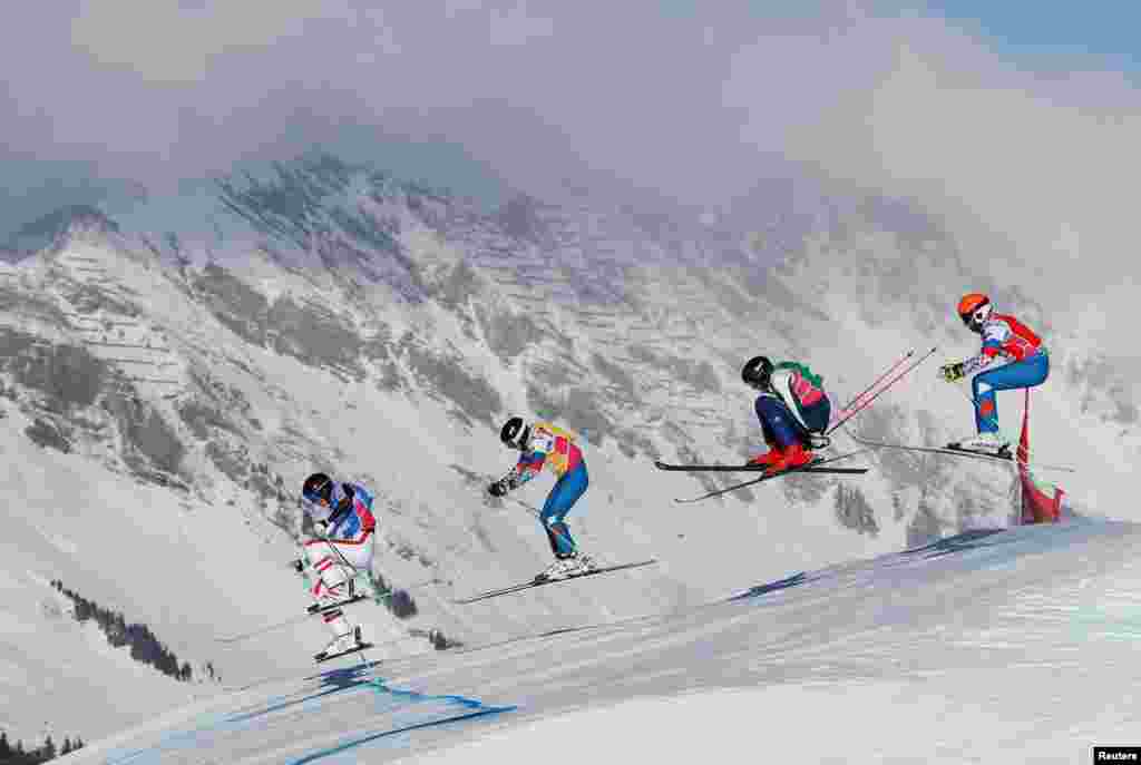 (L to R) Austrlia&#39;s Marcus Plank, Russia&#39;s Artem Bazhin, Sweden&#39;s Erik Wahlberg and Russia&#39;s Andrei Gorbachev compete in the final of the Freestyle Skiing Men&#39;s Ski Cross at Villars Winter Park during the Winter Youth Olympic Games near Lausanne, Switzerland. (Credit: Simon Bruty/OIS Handout Photo via USA TODAY Sports)