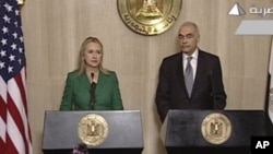 美国国务卿克林顿同埃及外长卡迈勒.阿马尔2012年11月21日在开罗举行记者会