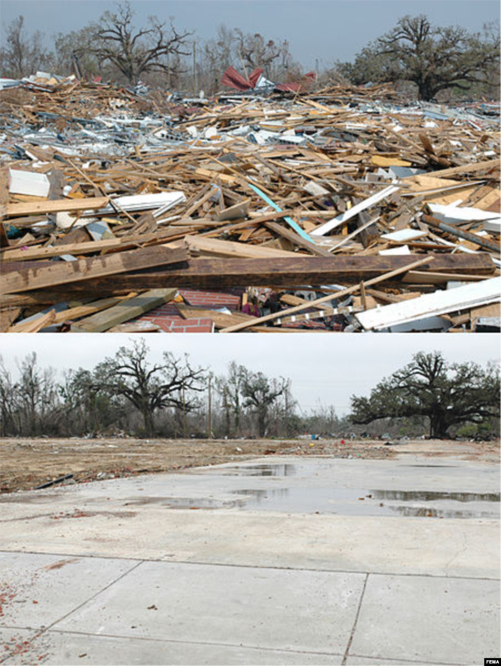 Puing-puing dari SMP Pass Christian sebelum (14 September 2005) dan sesudah dibersihkan (6 Desember 2005). Sekolah yang berada di Pass Christian, Mississippi itu hancur akibat Badai Katrina. (Mark Wolfe/FEMA)