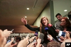 U.S. Ambassador to the U.N. Samantha Power gestures while speaking at a press briefing after closed Security Council meetings on Syria at U.N. headquarters, Feb. 19, 2016.