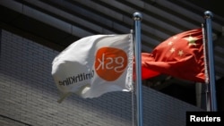 在葛兰素史克公司在上海的办公楼外，带有公司标徽的旗帜和中国国旗一起飘扬