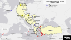 Migrant arrival points and encampments across Europe.