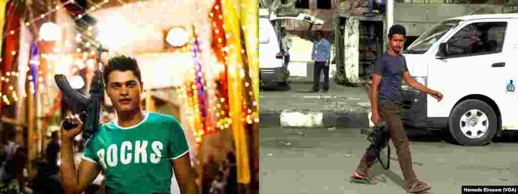 Left: Mahmoud Youssef 22, who works as a supermarket delivery man in Cairo, holds an automatic gun during his brother&rsquo;s wedding in the upper Egypt province of Fayoum. &ldquo;We don&rsquo;t use these weapons for fights we just use it in weddings and celebrations, it is also a good show off that we have these weapons here, no body will think of initiating problems with us,&quot; he told VOA. Right: A pro Egyptian government shows up holding an automatic weapon in Kerdasa a district in Giza after a police station was attacked by the supporters of the ousted president Mohamed Morsi with RPG an other heavy weapons.