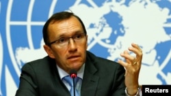 United Nations Special Advisor on Cyprus Espen Barth Eide attends a news conference one day before peace talks on divided Cyprus are to resume in Crans-Montana, in Geneva, Switzerland, June 27, 2017.