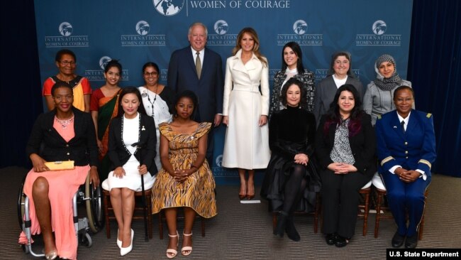 First Lady Melania Trump and Under Secretary Tom Shannon Pose for a photo with the 2017 International Women of Courage Awardees.