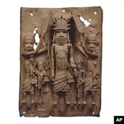 Brass plaque showing the Oba of Benin with attendants (16th Century Benin Bronzes from Edo peoples of Benin, Nigeria)