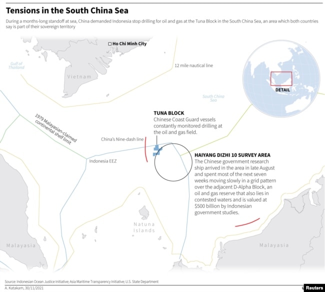 During a months-long standoff at sea, China demanded Indonesia stop drilling for oil and gas at the Tuna Block in the South China Sea, an area which both countries say is part of their sovereign territory.