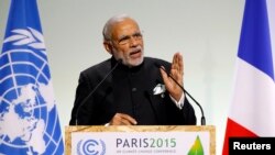Perdana Menteri India Narendra Modi pada pembukaan Konferensi Perubahan Iklim Dunia 2015 (COP21) di Le Bourget, dekat Paris, 30 November 2015. 