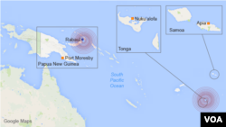 Approximate locations of two earthquakes in the South Pacific