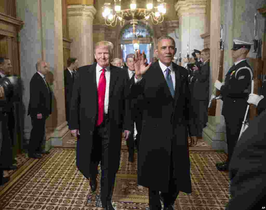 President-elect Donald Trump and President Barack Obama arrive for Trump&#39;s inauguration ceremony at the Capitol in Washington, Jan. 20, 2017. (AP Photo/J. Scott Applewhite, Pool)