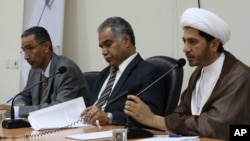 Opposition leaders (from left to right) Mahmood al-Rajab, Radhi Mohsen al-Mosawi and Sheikh Ali Salman.