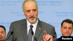 Syrian Ambassador to the U.N. Bashar al Ja'afari, head of the Syrian government delegation addresses the media after a meeting of Intra-Syria peace talks with United Nations Special Envoy for Syria Staffan de Mistura at Palais des Nations in Geneva, Switzerland, Feb. 25, 2017.