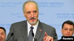 Syrian Ambassador to the U.N. Bashar al Ja'afari, head of the Syrian government delegation addresses the media after a meeting of Intra-Syria peace talks with United Nations Special Envoy for Syria Staffan de Mistura at Palais des Nations in Geneva, Switzerland, February 25, 2017. 