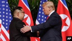 U. S. President Donald Trump shakes hands with North Korea leader Kim Jong Un at the Capella resort on Sentosa Island, June 12, 2018 in Singapore.