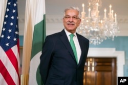 FILE - Pakistani Foreign Minister Khawaja Asif is pictured during a meeting with Secretary of State Rex Tillerson at the State Department in Washington, Oct. 4, 2017.
