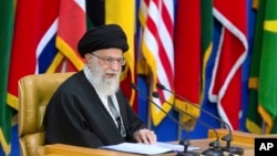 FILE - Iran's supreme leader Ayatollah Ali Khamenei delivers a speech at a conference in Tehran, Feb. 21, 2017. 