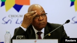 FILE- South African President Jacob Zuma during news conference at Commonwealth Heads of Government Meeting, Colombo, Nov. 17, 2013.