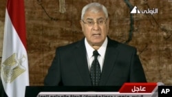This image pulled from video broadcast on Egyptian state TV shows interim President Adly Mansour making his first address to the nation since assuming his post after the ouster of Islamist President Mohamed Morsi, in Cairo, July 18, 2013. 