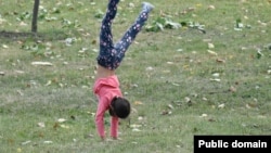 A young girl walks on her hands through the grass.