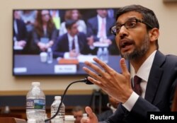 Google CEO Sundar Pichai testifies at a House Judiciary Committee hearing "examining Google and its Data Collection, Use and Filtering Practices" on Capitol Hill in Washington, Dec. 11, 2018.