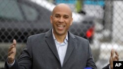 U.S. Sen. Cory Booker, D-NJ, speaks during a news conference outside of his home, Feb. 1, 2019, in Newark, N.J.