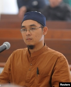 FILE - Bahrun Naim attends his trial at Solo's District Court, June 9, 2011, in this photo taken by Antara Foto. He was convicted on an ammunition possession charge. Police confirmed that Islamic State was responsible for an attack in Jakarta on Jan. 14, 2016, and named Naim as the mastermind behind it.