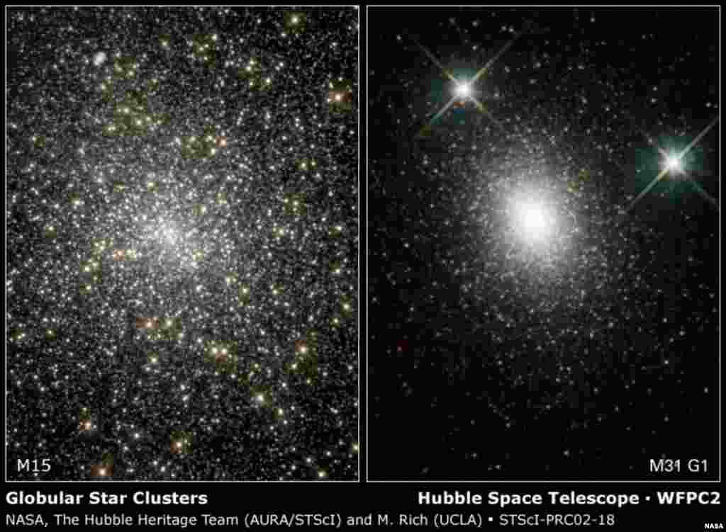 These two globular star clusters, located beyond our Milky Way galaxy, harbor hundreds of thousands of stars. Deep within the clusters’ dense cores, stars whirl rapidly around intermediate-sized black holes. (NASA/Hubble)
