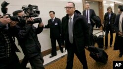 U.N. Undersecretary-General for Political Affairs Jeffrey Feltman, center, walks upon arrival at the Pyongyang International Airport in Pyongyang, North Korea, Dec. 5, 2017.