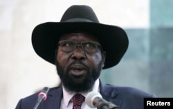 South Sudan's President Salva Kiir addresses the second session of the Transitional Government of National Unity at the Parliament in Juba, Feb. 21, 2017.