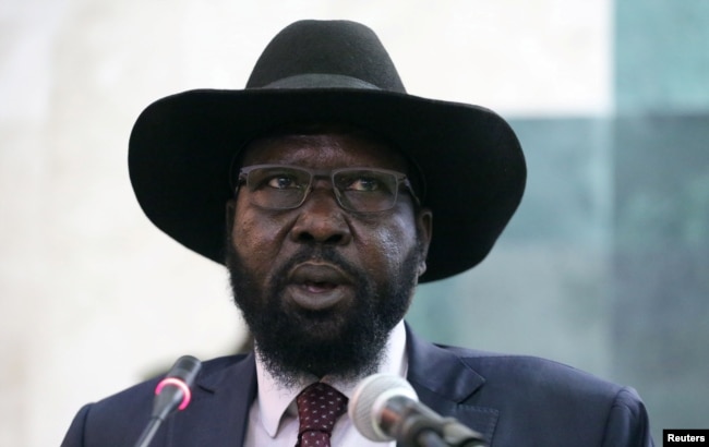 South Sudan's President Salva Kiir addresses the second session of the Transitional Government of National Unity at the Parliament in Juba, Feb. 21, 2017.