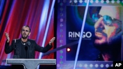Ringo Starr speaks at the Rock and Roll Hall of Fame Induction Ceremony in Cleveland, Ohio, April 19, 2015.