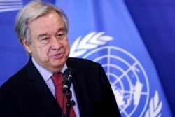 United Nations Secretary General Antonio Guterres gives a statement next to European Commission President Ursula von der Leyen before their meeting at the European Commission headquarters in Brussels, Wednesday, June 23, 2021.