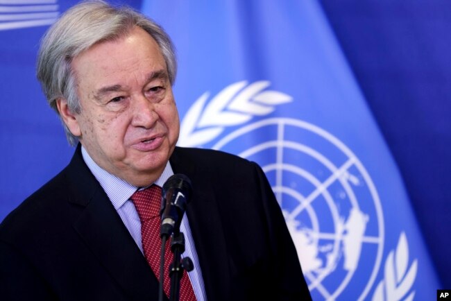 United Nations Secretary General Antonio Guterres gives a statement next to European Commission President Ursula von der Leyen before their meeting at the European Commission headquarters in Brussels, Wednesday, June 23, 2021.