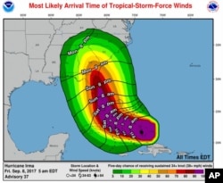 Gráfico más reciente del Centro Nacional de Huracanes sobre la trayectoria del huracán Irma en el territorio continental de EE.UU. Sept. 8, 2017.