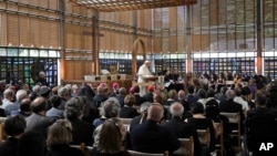 Pope Francis gives his speech in the Ecumenical center in Geneva, Switzerland, June 21, 2018. 
