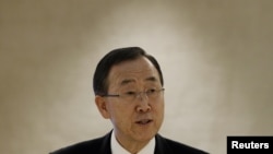 U.N. Secretary-General Ban Ki-moon delivers a speech during a session of the Human Rights Council at the United Nations European headquarters in Geneva, September 10, 2012. 
