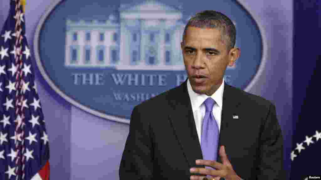 U.S. President Barack Obama speaks to the media in the briefing room of the White House in Washington after the Senate passed the bill to reopen the government October 16, 2013.