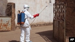 A health worker sprays disinfectant near a mosque, after the body of a man suspected of dying from the Ebola virus was washed inside before being berried in Bamako, Mali, Nov. 14, 2014. 