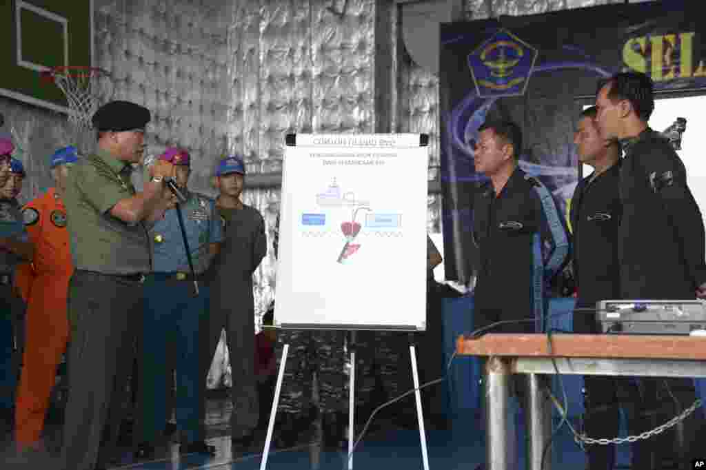 Indonesian military chief Gen. Moeldoko (left) briefs navy divers onboard the navy vessel KRI Banda Aceh in an area where they found the tail of AirAsia Flight 8501, in the Java Sea, Indonesia, Jan. 8, 2015.