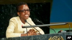 Loyce Maturu, an HIV/AIDS activist from Zimbabwe, addresses the opening of the U.N. General Assembly high-level meeting on ending AIDS, June 8, 2016.