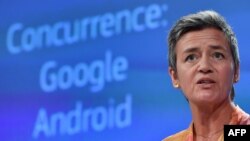 European Union Competition Commissioner Margrethe Vestager announces a record $5 billion fines against Google at the EU headquarters in Brussels on July 18, 2018. (AFP PHOTO / JOHN THYS)