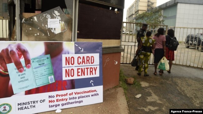 나이지리아 남부의 시설 경비 요원이 출입자들의 신종 코로나바이러스 백신 접종 카드를 확인하고 있다.