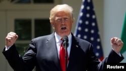 Presiden AS Donald Trump dalam konferensi pers di Rose Garden Gedung Putih di Washington, AS, 30 April 2018. (Foto: dok)