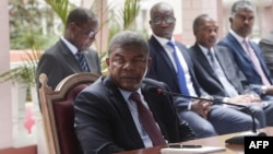 Angolan President Joao Lourenco gives his first press conference after his election on Jan. 8, 2018 to mark his first 100 days in office at the Presidential Palace in Luanda.
