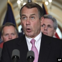 House Speaker John Boehner of Ohio, accompanied by fellow Republican leaders, makes a statement on Capitol in Washington, Monday, May 2, 2011, about the operation that killed Osama bin Laden