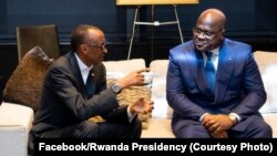 Prezida w'u Rwanda, Paul Kagame, kumwe n'uwa Kongo, Félix Tshisekedi. Ino foto ni iyo mu 2019.